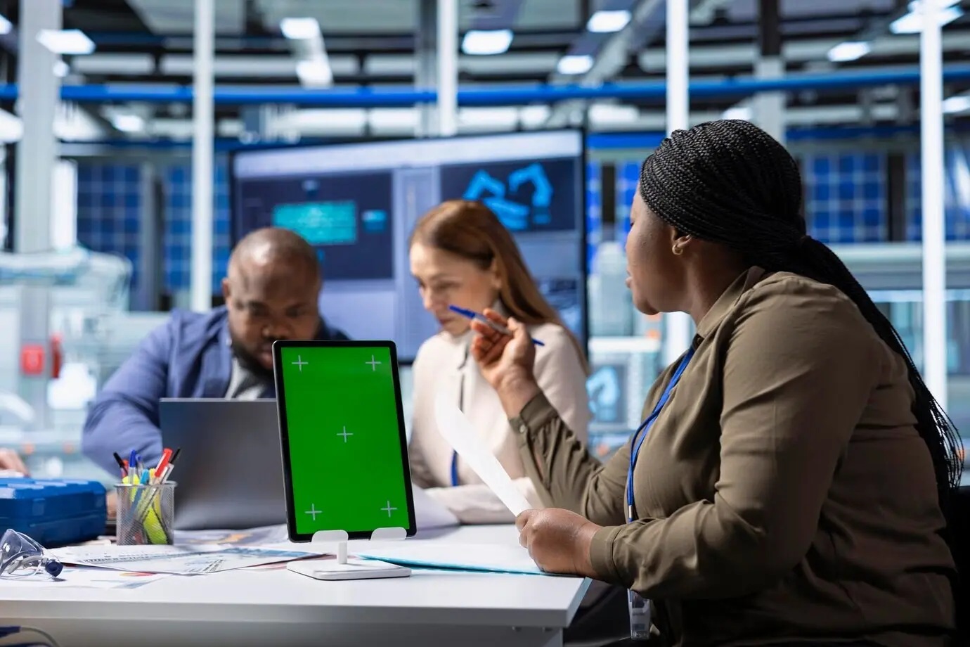 Aktionäre verwenden ein Mockup-Tablet, um Renditen zu prognostizieren und die Durchführbarkeit des Deals zu bewerten.